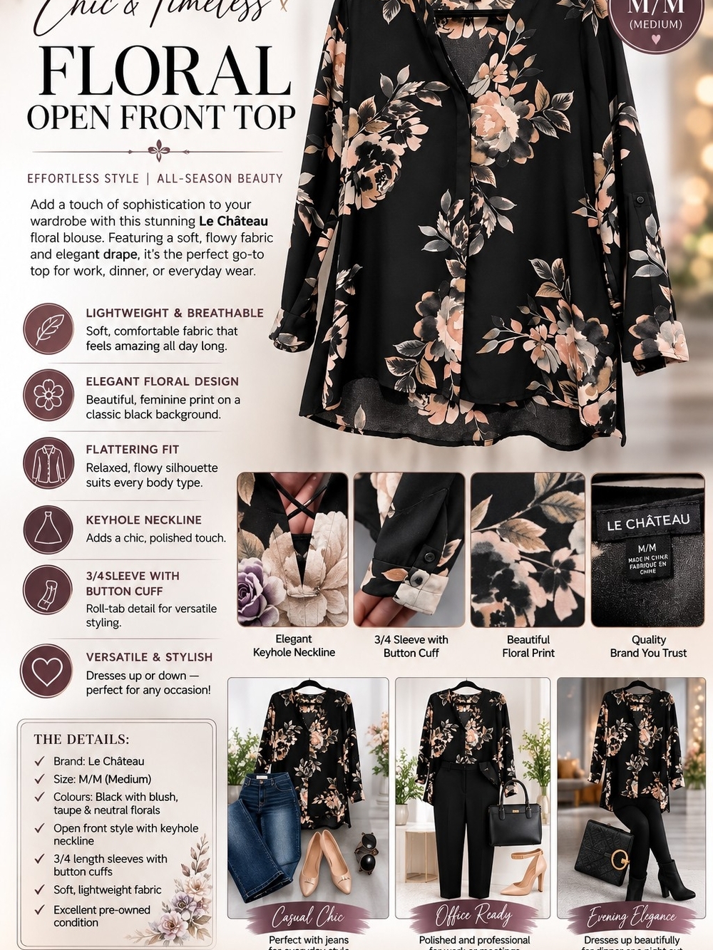 le chateau Black Floral Open Front Top - Blush & Taupe Floral